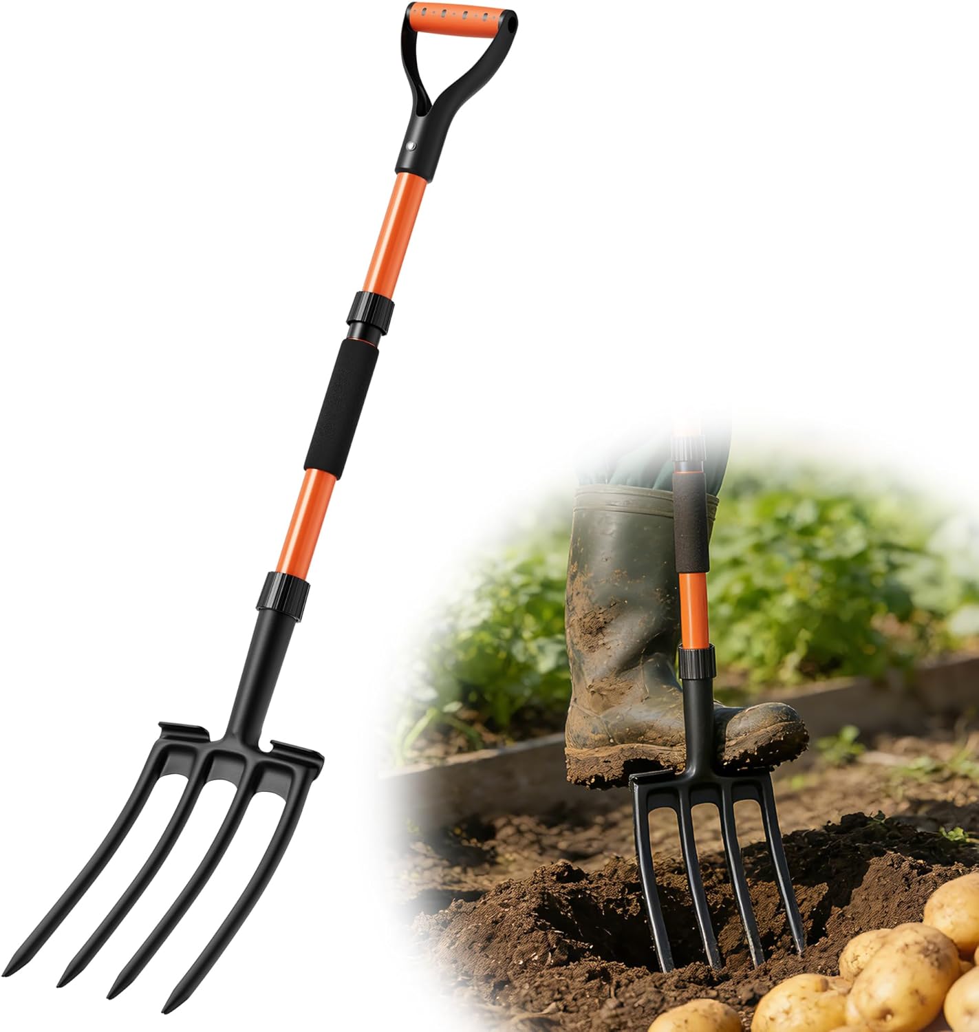 Garden Fork for Digging, 4-Tine Pitch Fork with Foot Step, Ergonomic Y-Handle &amp; Comfortable Grip, Lightweight Durable Pitchfork for Soil Loosening, Compost, Mulch, Weeding &amp; Potato Harvest - 4